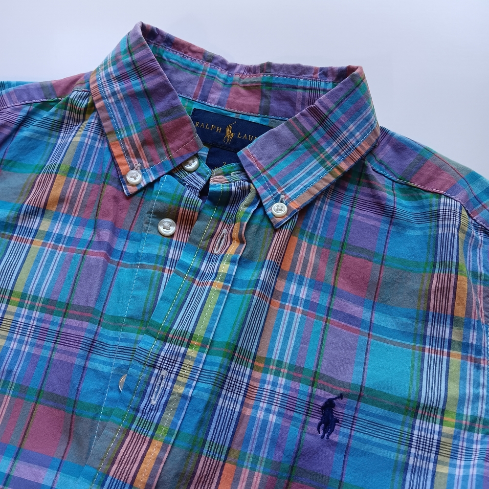 Ralph Lauren Kids Boys Size 7 Colorful Plaid Button Down Short Sleeve Shirt